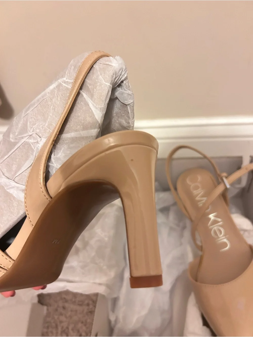 Calvin Klein Women's Beige Patent Pointed-Toe Slingback Heels